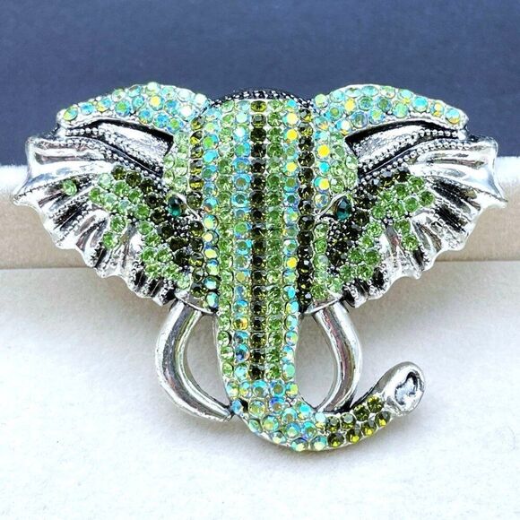 Silver with Emerald Peridot Green and AB Crystal Tusked Elephant Pin Back Brooch - Picture 8 of 10